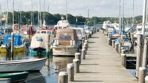 Un port de plaisance où de nombreux bateaux sont amarrés le long d’une jetée en bois.