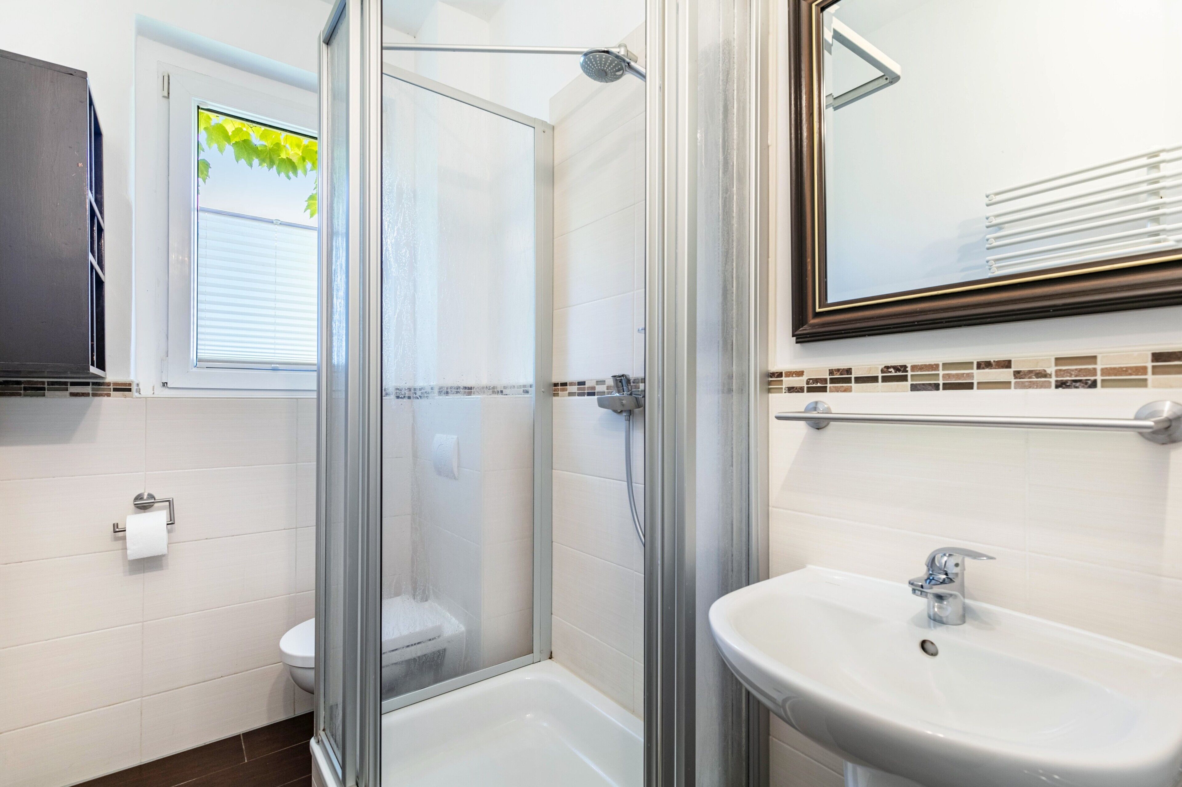 Shower, hair dryer, towels