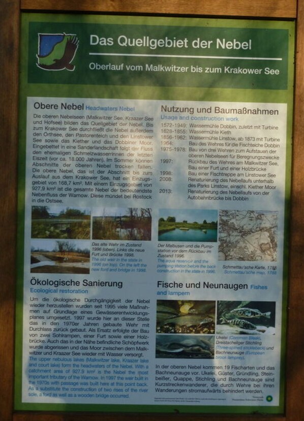 A detailed informational sign about the headwaters of the Neckar river, including historical construction and ecological restoration efforts. - The Fischerhaus on Lake Malkwitzer See (Hohen Wangelin)