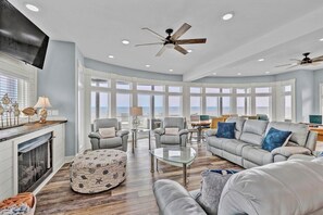 TV, fireplace, table football