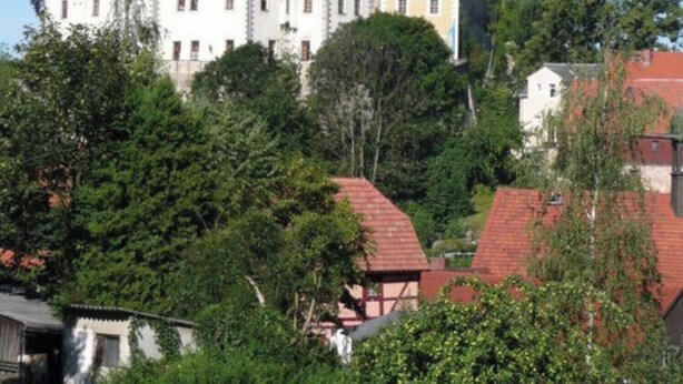 Een groot, historisch gebouw met meerdere torens en een rood dak, omgeven door weelderige begroeiing en kleinere gebouwen.