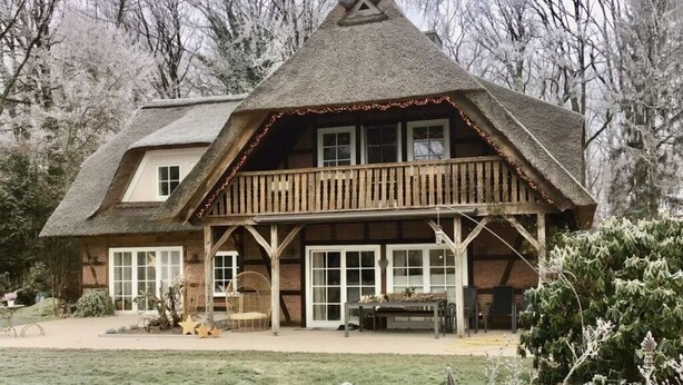 A thatched-roof house with a balcony, surrounded by a garden and trees. - Apartment at the Eichenpark (Egestorf)