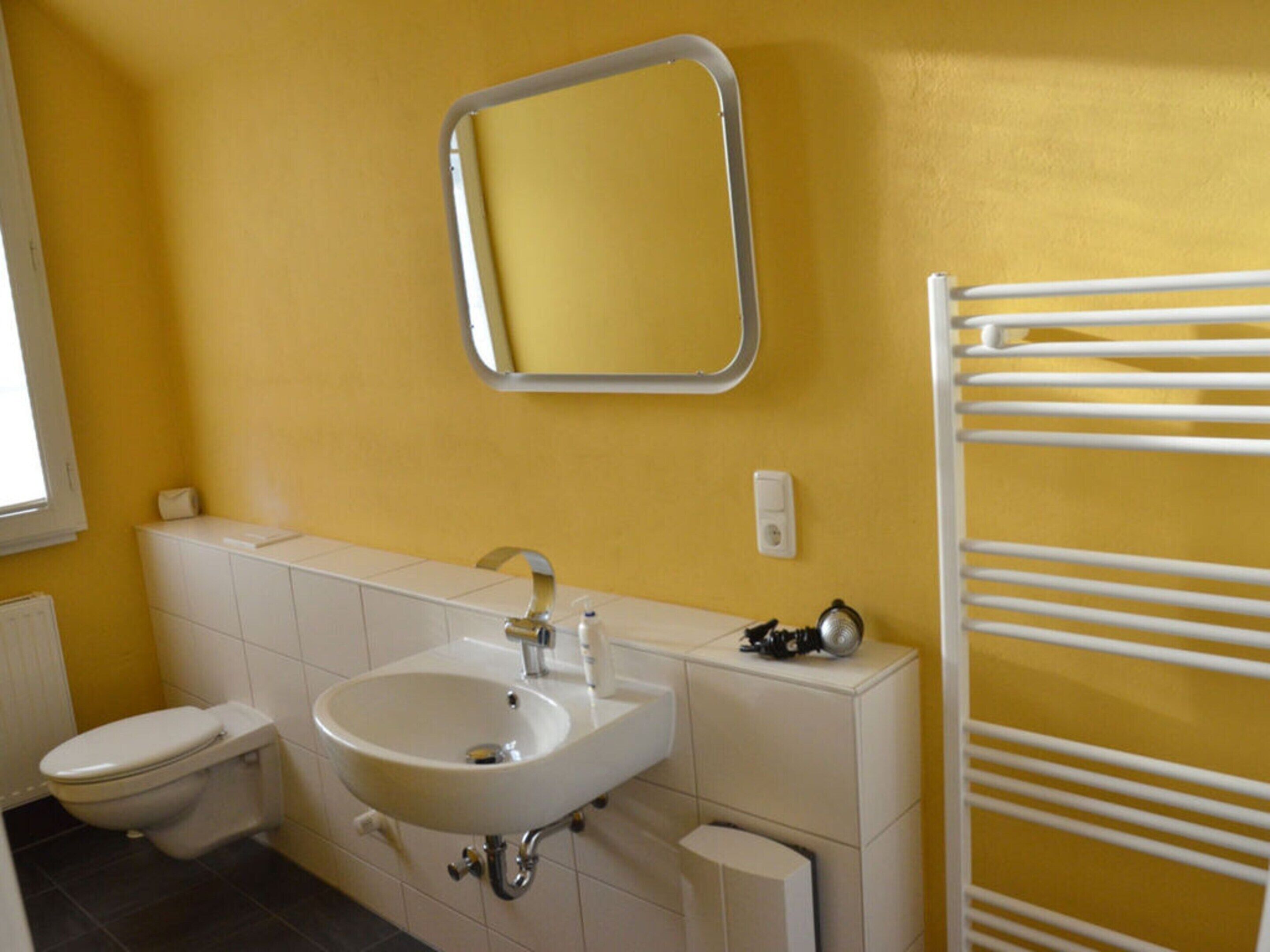 A bathroom with a white sink, a toilet, a mirror, and a towel rack.
