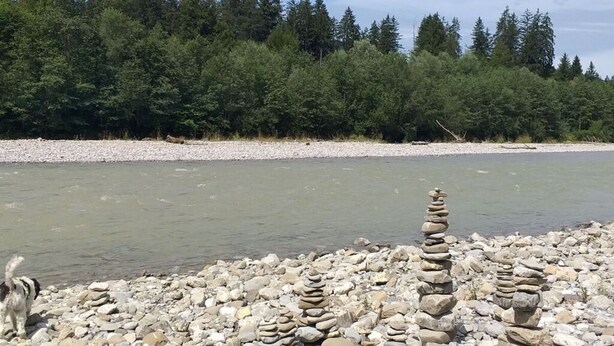 A riverbank with a stack of stones and a dog nearby. - Reindler Modern Retreat (Fischen im Allgaeu)