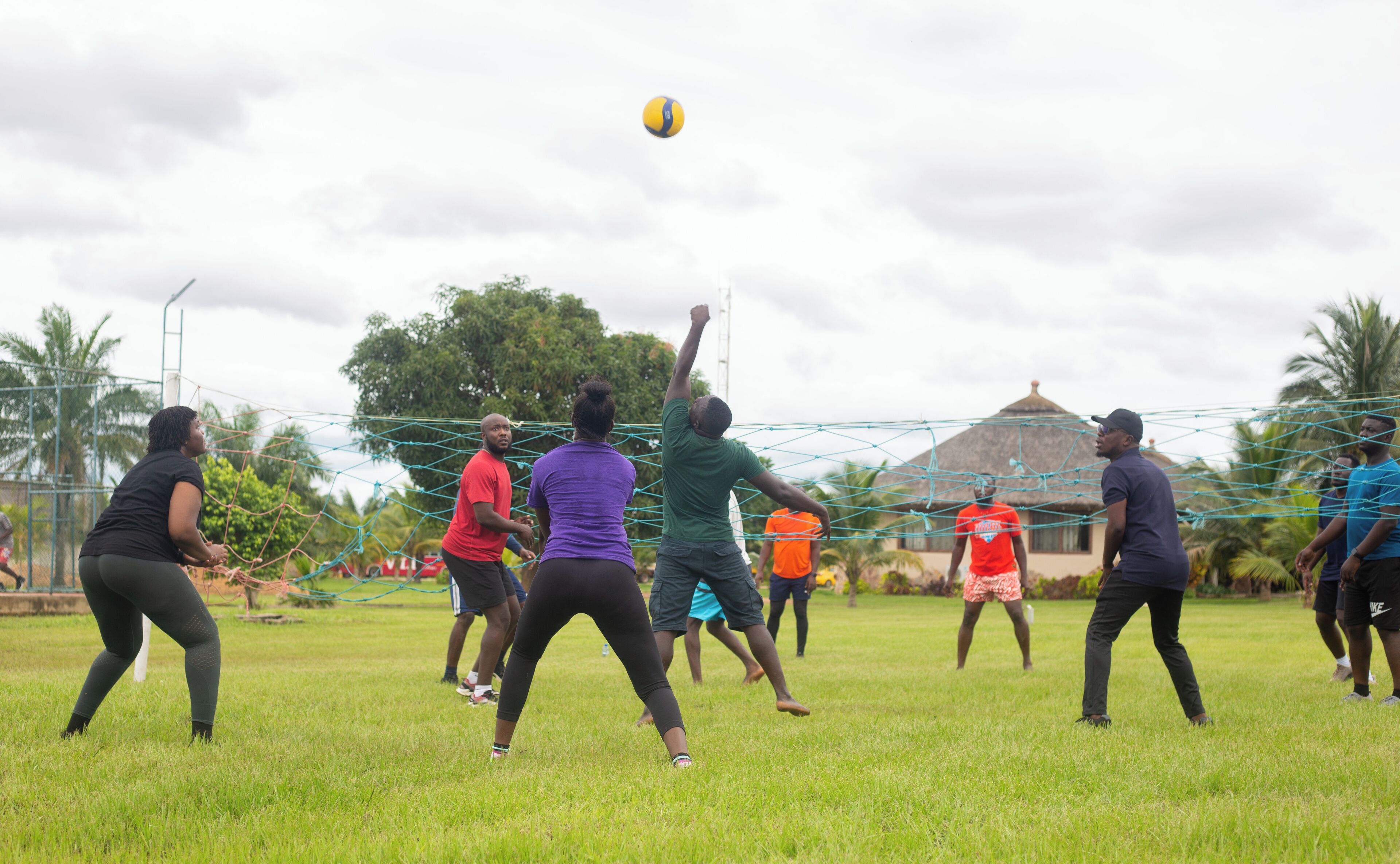 Un grupo de personas jugando voleibol en un campo de césped abierto con una red, rodeado de árboles y un edificio con techo de paja.