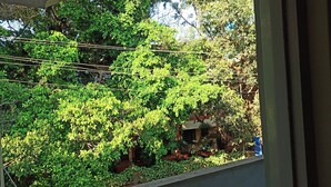 A view of lush green trees and a building with a sloped roof. - Hotel Blue Heaven (Mahabaleshwar)