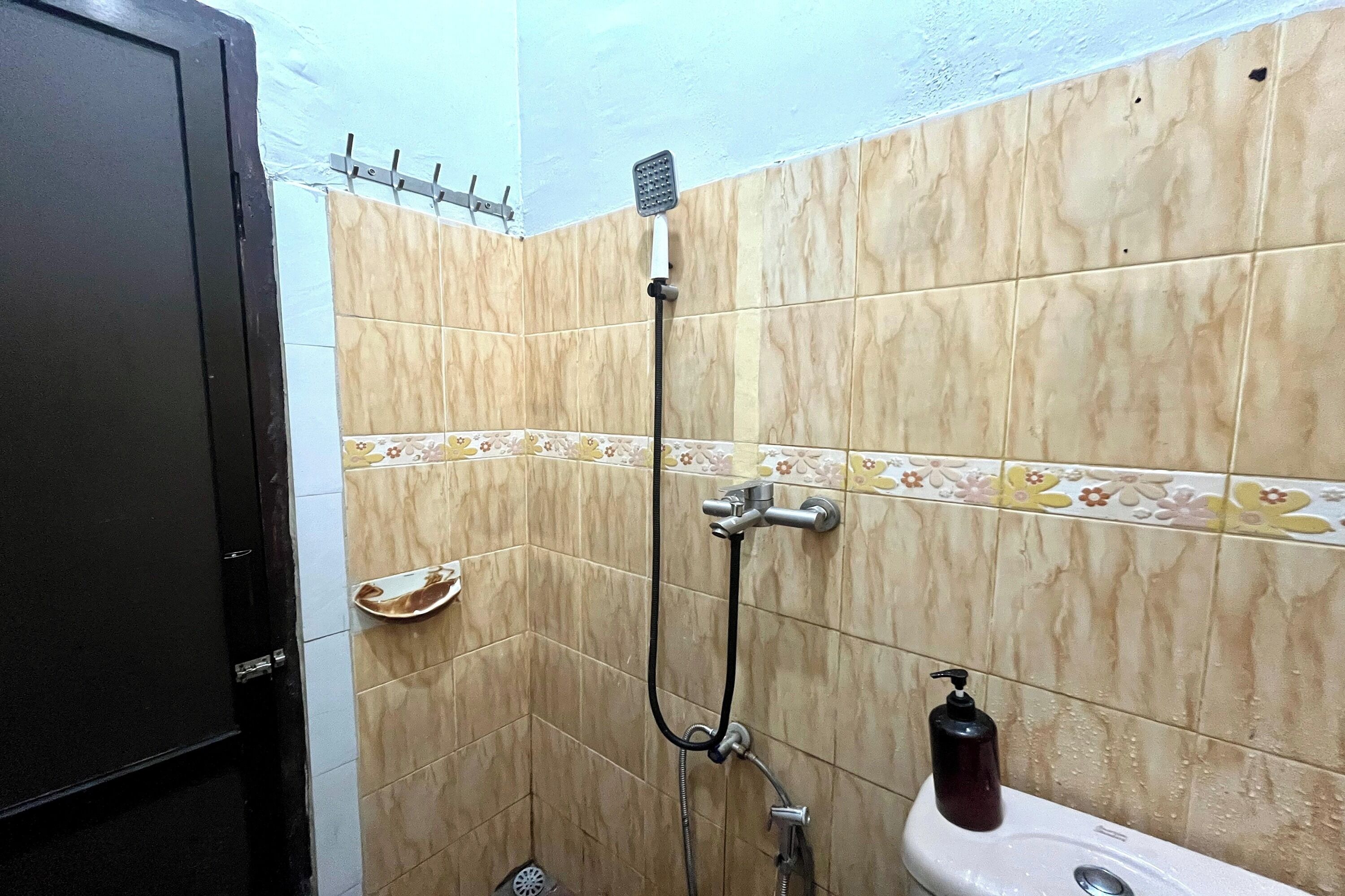 A bathroom with a shower, toilet, and a soap dispenser.