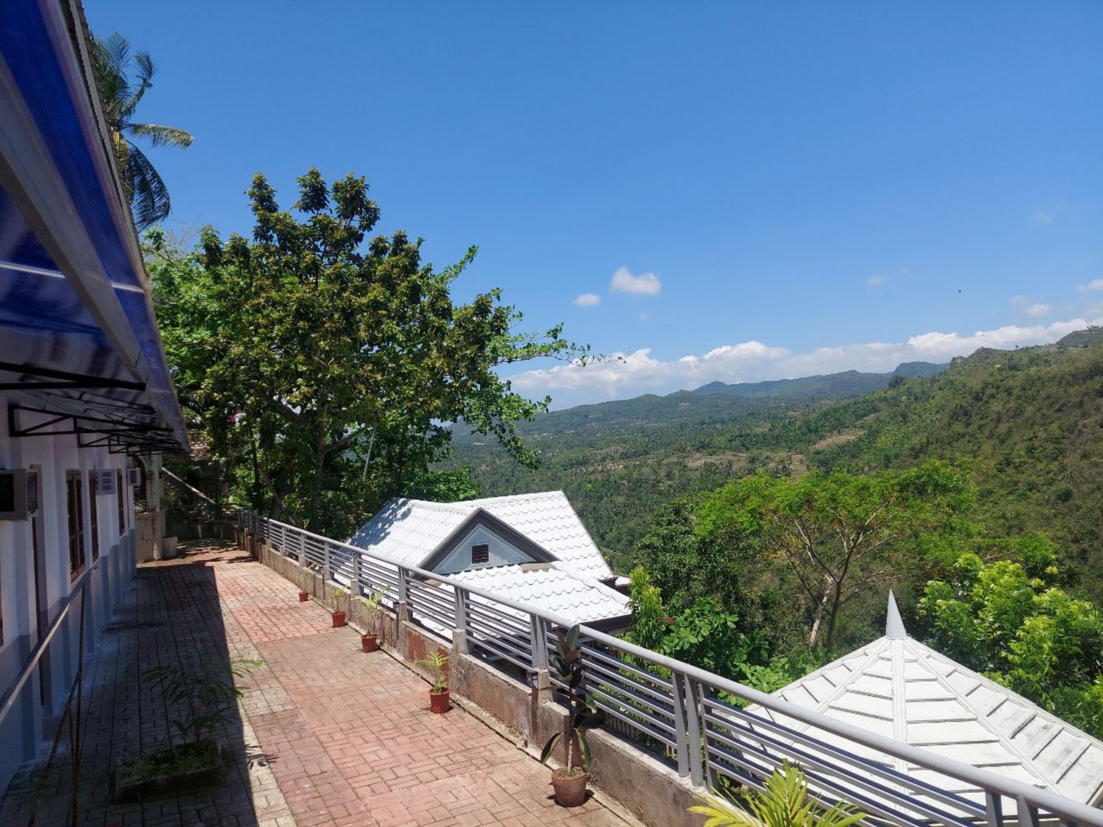 Un hotel con un camino pavimentado, plantas en macetas y vistas a un paisaje montañoso.