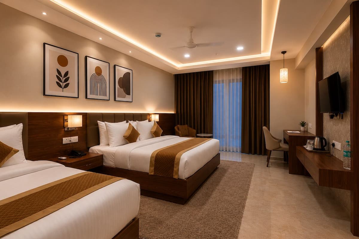 A hotel room with two beds, a desk, a chair, a TV, and artwork on the wall.