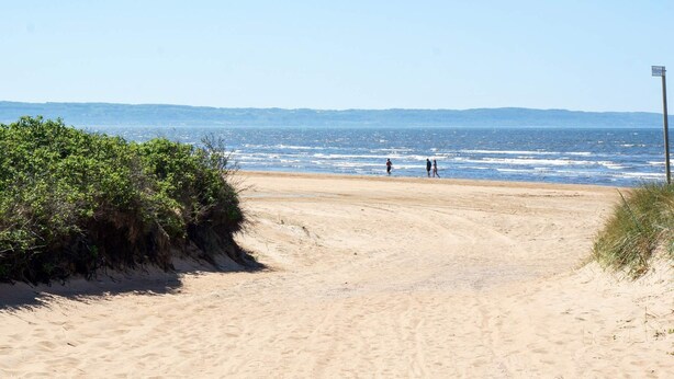 A sandy beach with a clear view of the ocean and distant hills. - 6 Person Holiday Home in Skummeslovsstrand (Skummesloevsstrand)