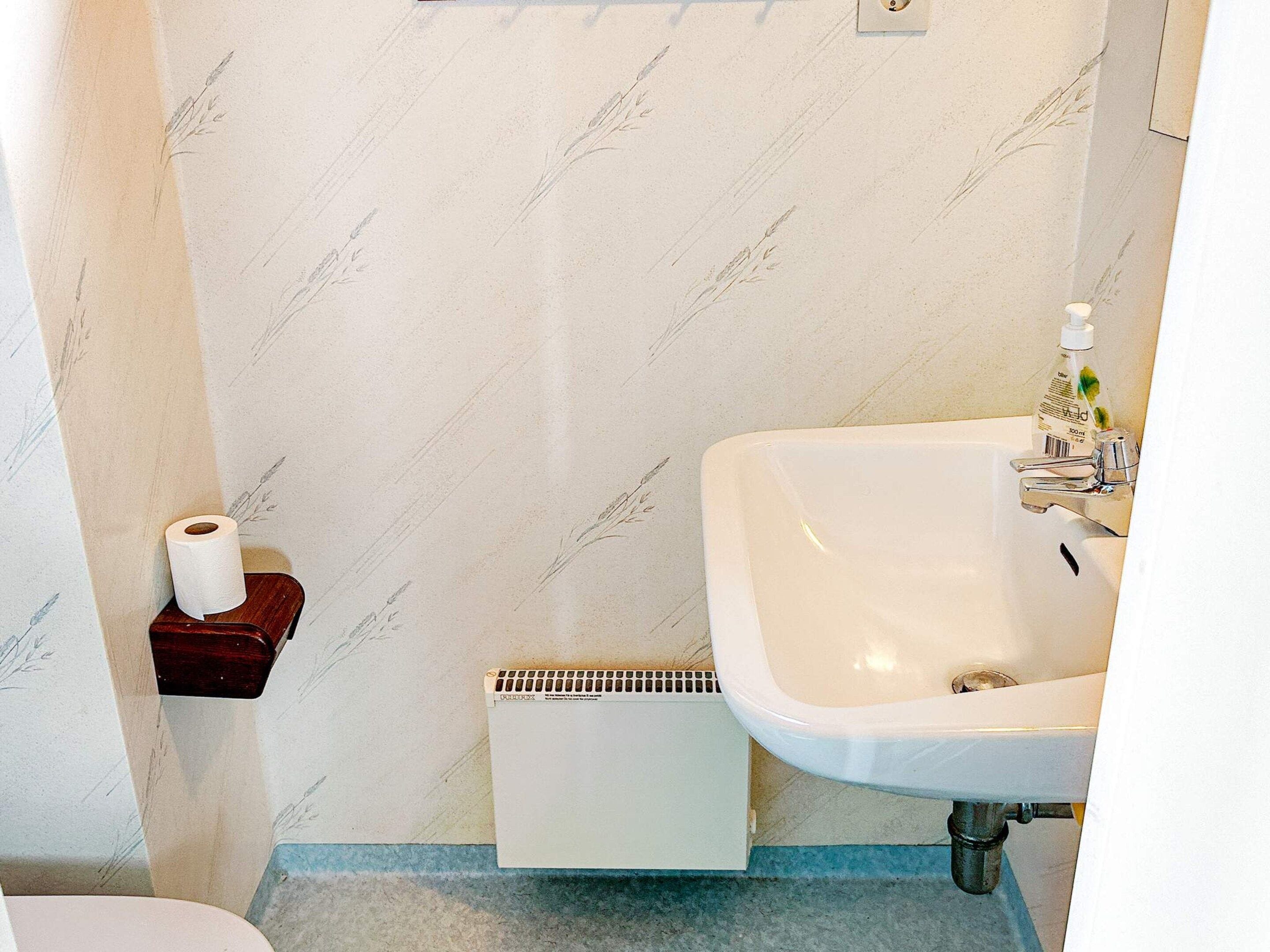 A bathroom with a white sink, a toilet paper holder, and a towel rack.