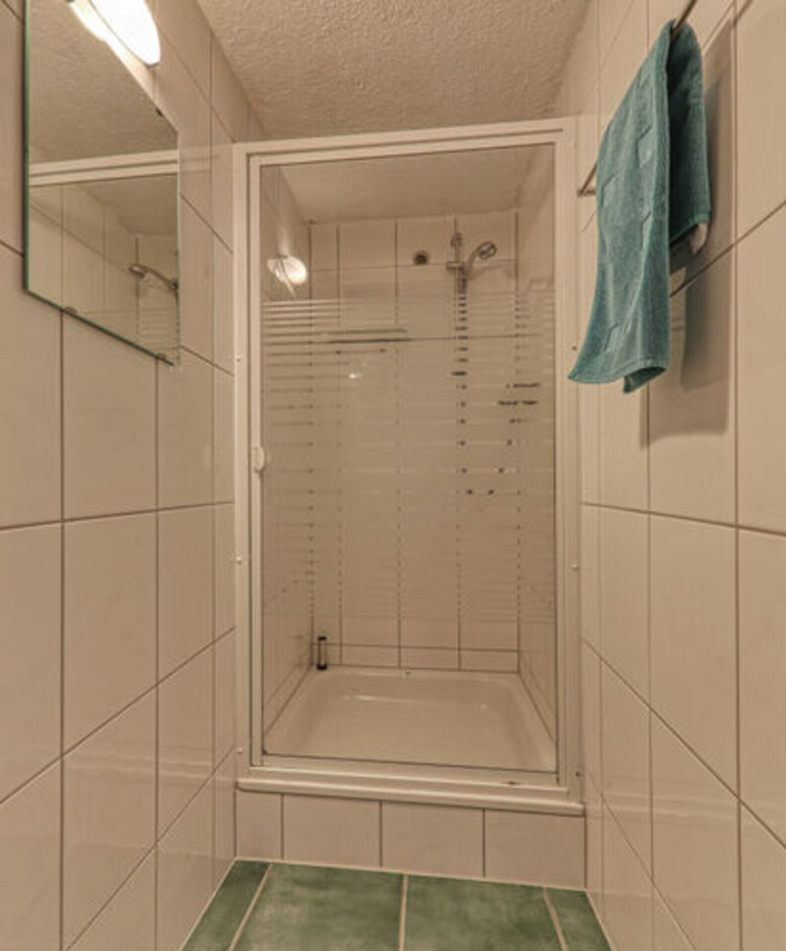 Eine Dusche mit Glastür, ein Handtuch an der Wand und ein Fliesenboden.