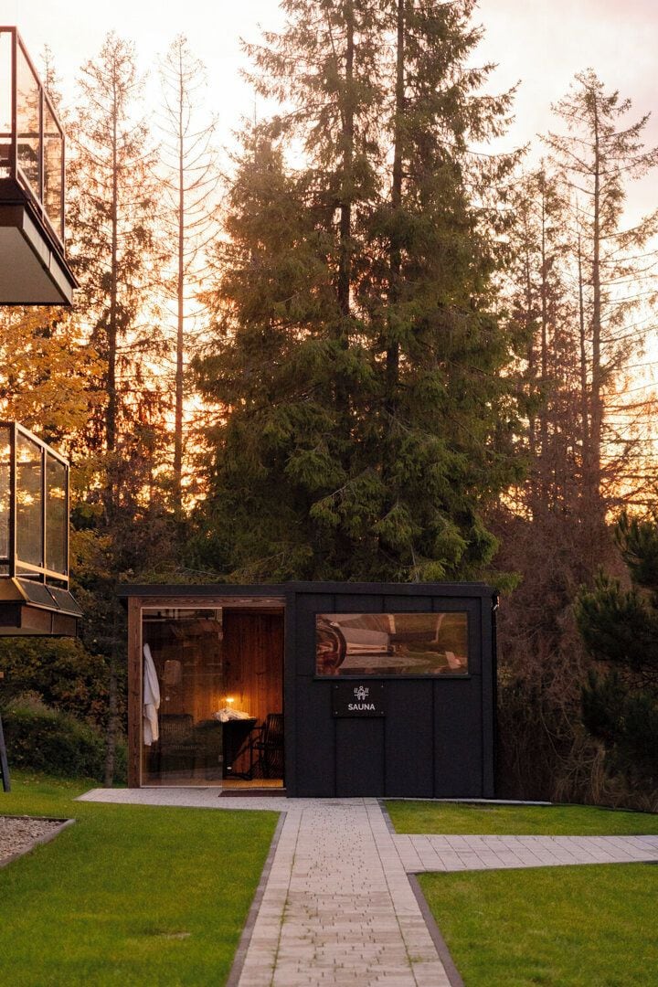 Une structure de sauna dotée d’une porte en verre, entourée d’un sentier de jardin, et avec un grand arbre en arrière-plan.