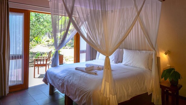 Un dormitorio con cama con dosel, vistas al exterior y una planta en maceta.