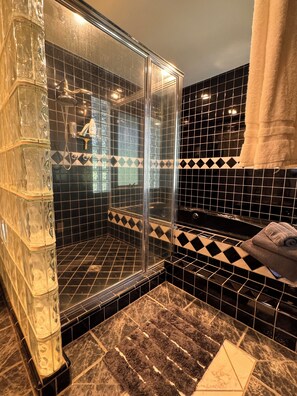 Jetted bath, hair dryer, towels, soap