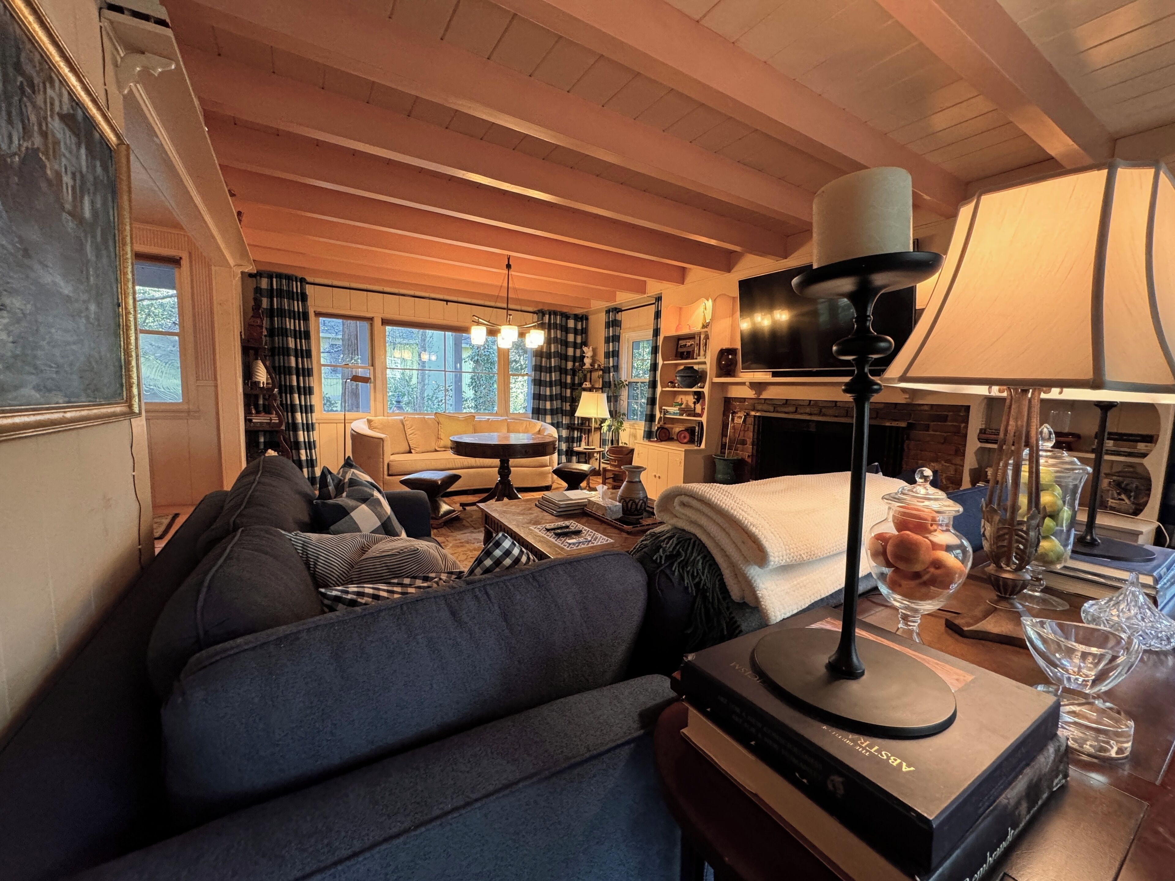 Smart TV, fireplace, DVD player, books