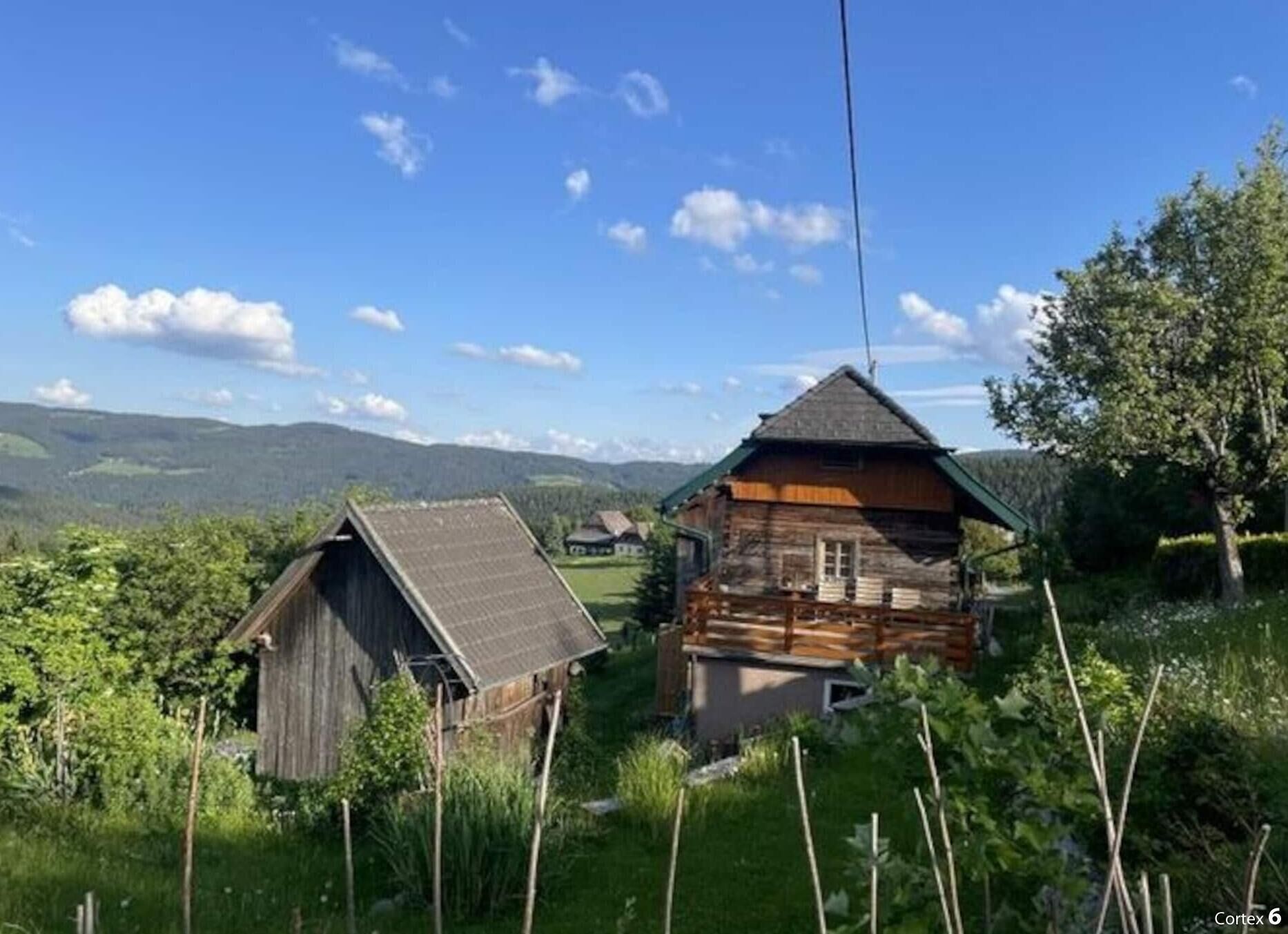A wooden cabin with a sloped roof, surrounded by lush greenery and a clear blue sky.