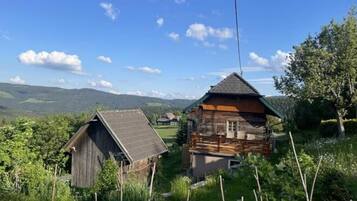A wooden cabin with a sloped roof, surrounded by lush greenery and a clear blue sky.