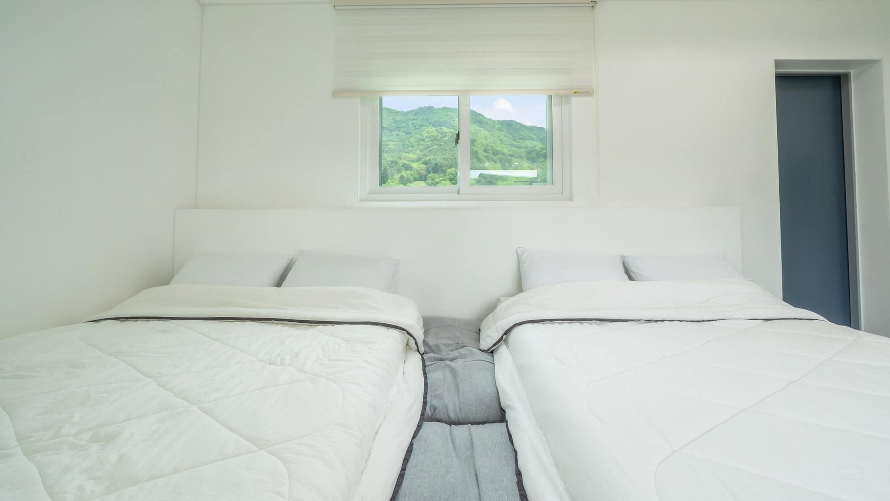A bedroom with two beds, a window with a view of green hills, and a door to the right.