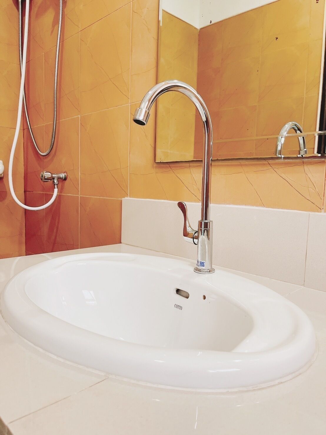 A bathroom with a white sink, chrome faucet, and a handheld showerhead.