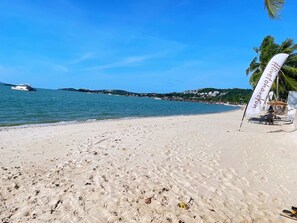 A beach with a white flag, palm trees, and boats in the background.