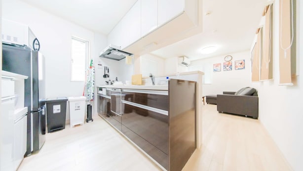 A modern kitchen with stainless steel appliances, a built-in oven, and a grey sofa in the living area. - Tokyo Private House (tokyo)
