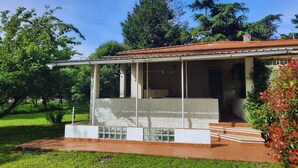 A house with a covered porch, a tiled entrance, and a garden. - Olive Grove Garden House With Mountain View Close to Forte dei Marmi (Ripa- Pozzi-Ponterosso)