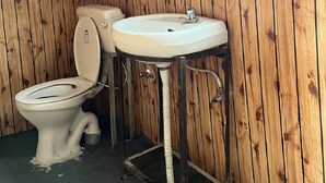 A wooden-paneled bathroom with a toilet and a pedestal sink. - Padma Cottage Pangong (Leh)
