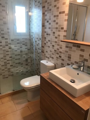 Shower, hair dryer, bidet, towels
