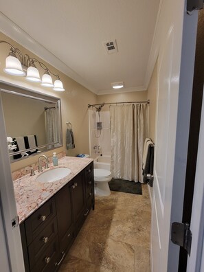 Hair dryer, towels, soap, shampoo - Orange Texas Honey Hive -  Upscale living with small town charm. (Orange)