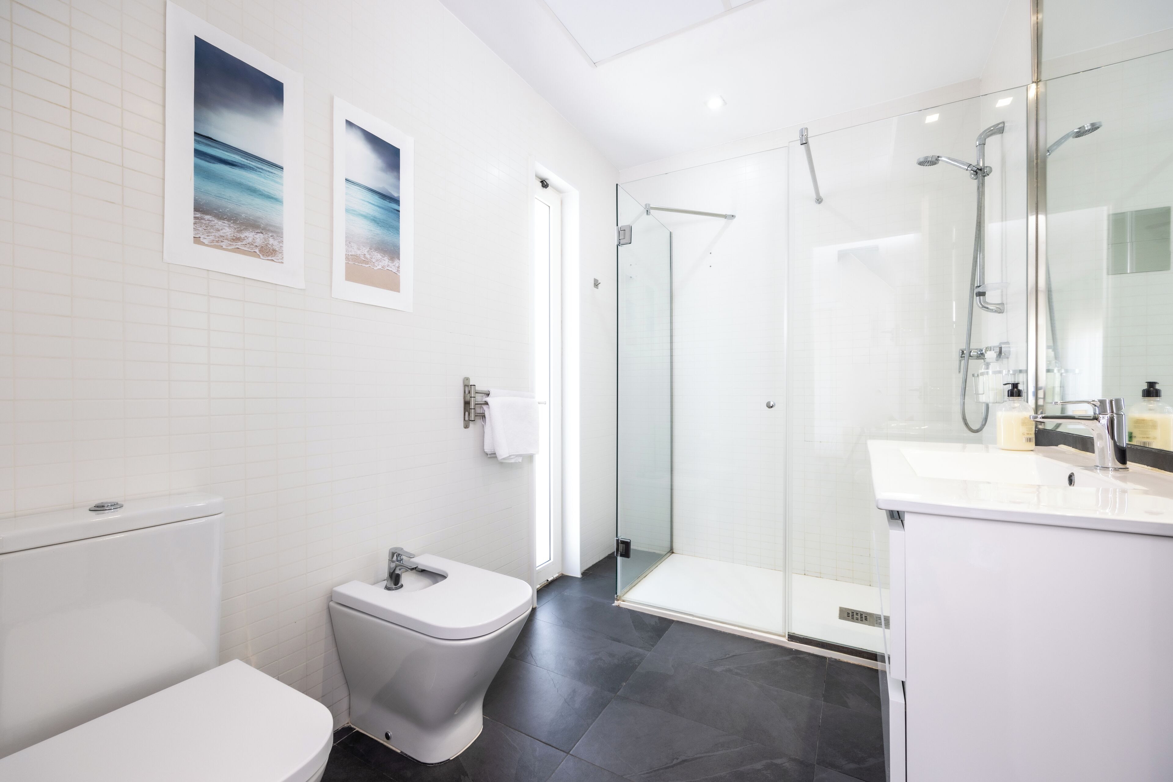 Shower, free toiletries, towels, toilet paper