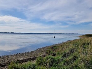 Ein ruhiger Fluss mit einem Boot, das in der Mitte vor Anker liegt. Das Ufer ist von hohem Gras und einer felsigen Küste gesäumt.