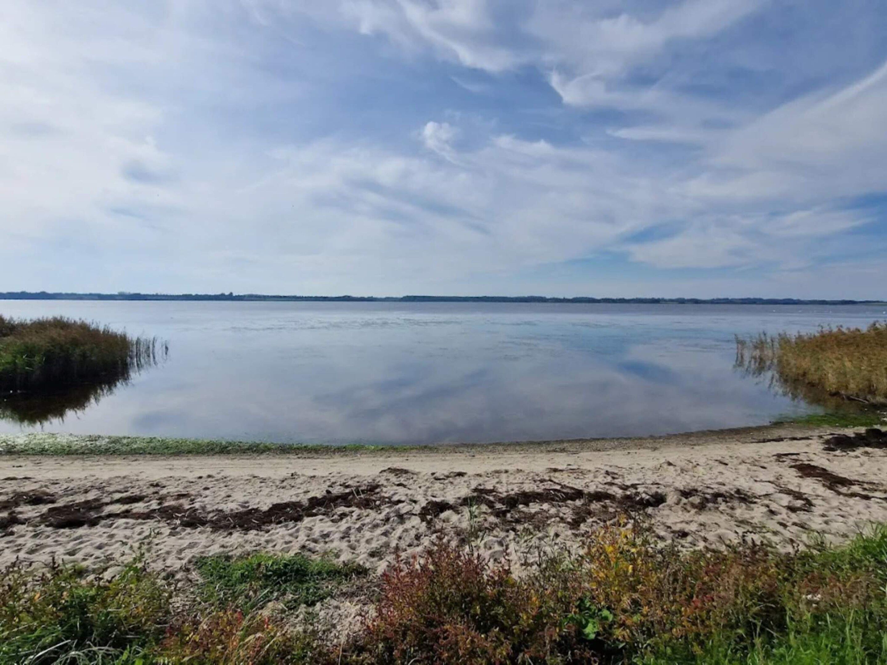 A calm body of water with a sandy shore and sparse vegetation.