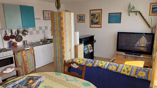 A compact living space with a kitchenette, a dining area with a table and chairs, a sofa, a television, and a bookshelf. - Apartement de 1 à 4personnes 200m de la mer (La Turballe)