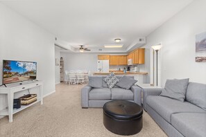 Smart TV, fireplace, books, offices