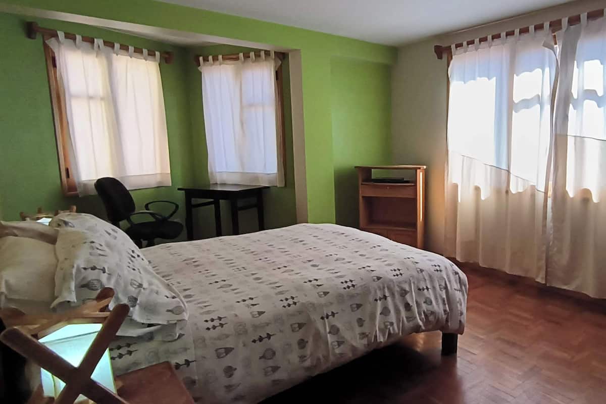 A room with a bed, a desk, and two windows with curtains.