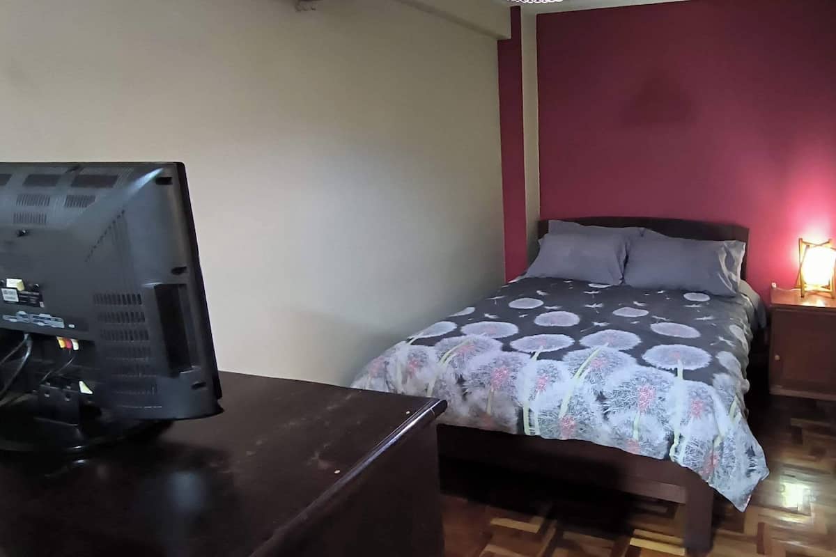 A bedroom with a bed, a desk with a computer, a nightstand with a lamp, and a red wall.