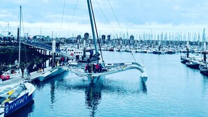 Un port de plaisance où sont amarrés de nombreux bateaux, un pont piétonnier et un ciel dégagé.