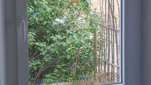 A window with a view of a garden, a metal pot with plants on the windowsill, and a wooden fence in the background. - Maison de La Porte des Loups au Pied du Ventoux à Ste Colombe (Bédoin)