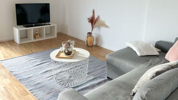 Un salon moderne avec un canapé gris, une table basse, un téléviseur posé sur un meuble et un vase décoratif.