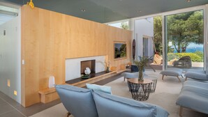 Ein modernes Wohnzimmer mit einer Wand aus Holzvertäfelung, einem Kamin, einem Fernseher und einem großen Fenster mit Blick auf eine reizvolle Außenanlage.