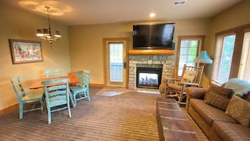 TV, fireplace, books