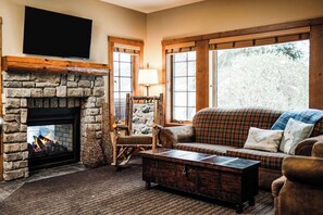 Televisie, een open haard en boeken