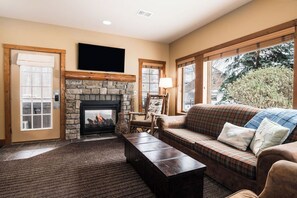 Télévision, cheminée, livres