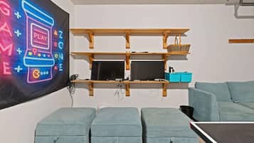 TV, fireplace, video games, offices
