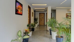 Un couloir doté d’un éclairage moderne, de plantes en pot et de portes en bois.