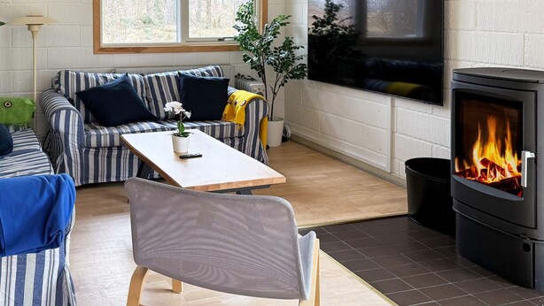 Un salon confortable avec un canapé, une table basse, un fauteuil, un téléviseur et une cheminée.