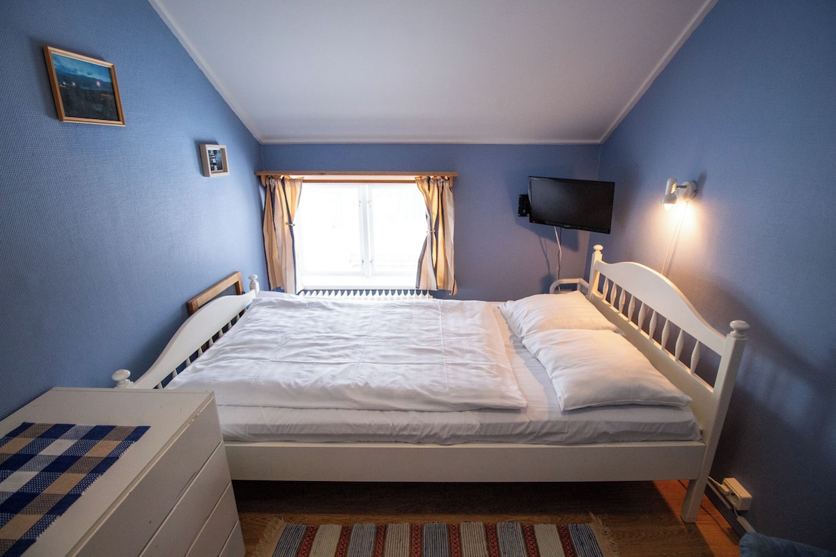 A bedroom with a bed, a dresser, a television, and a window with curtains.