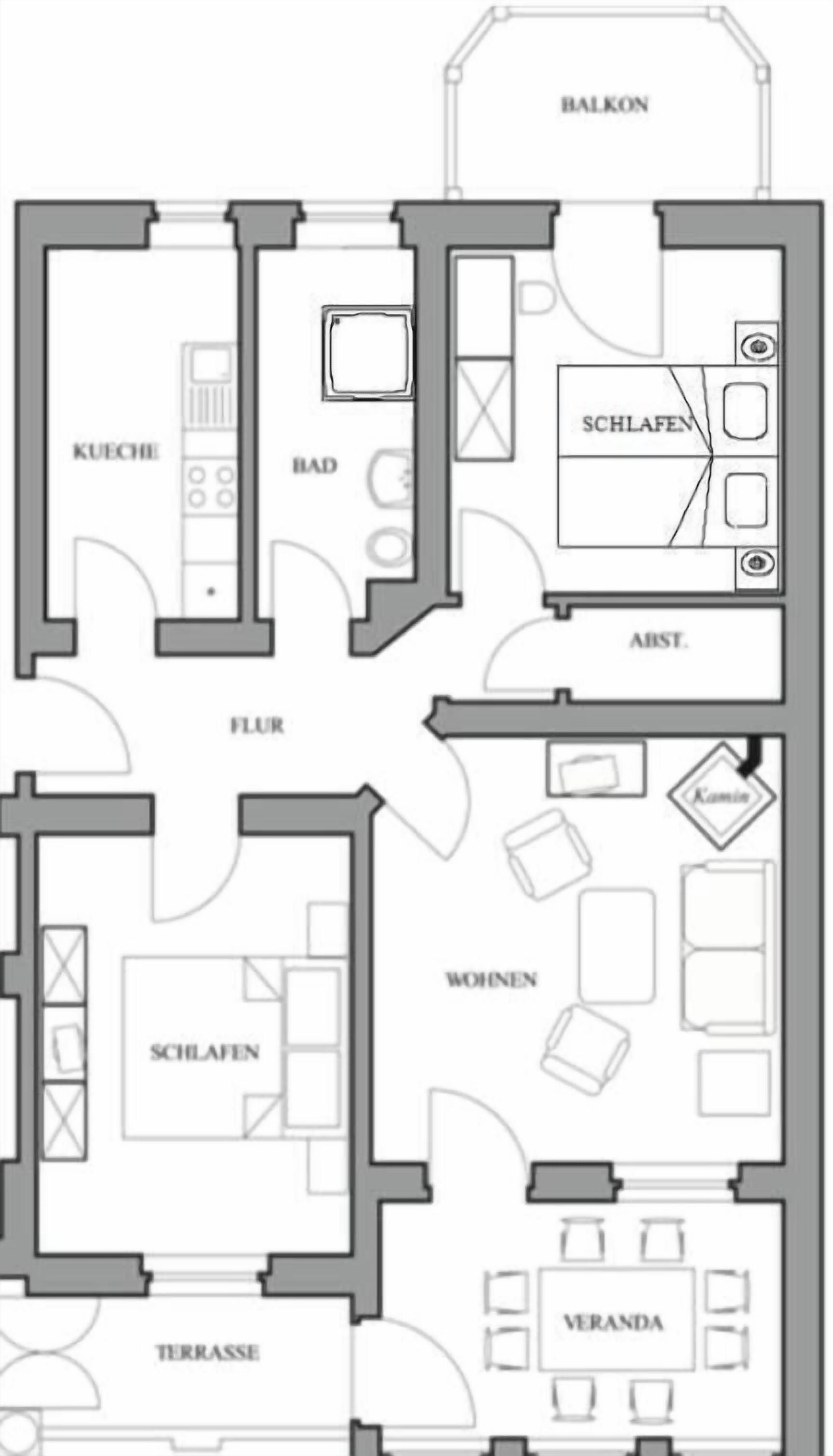 A hotel layout with a balcony, kitchen, dining area, living room, and a terrace.