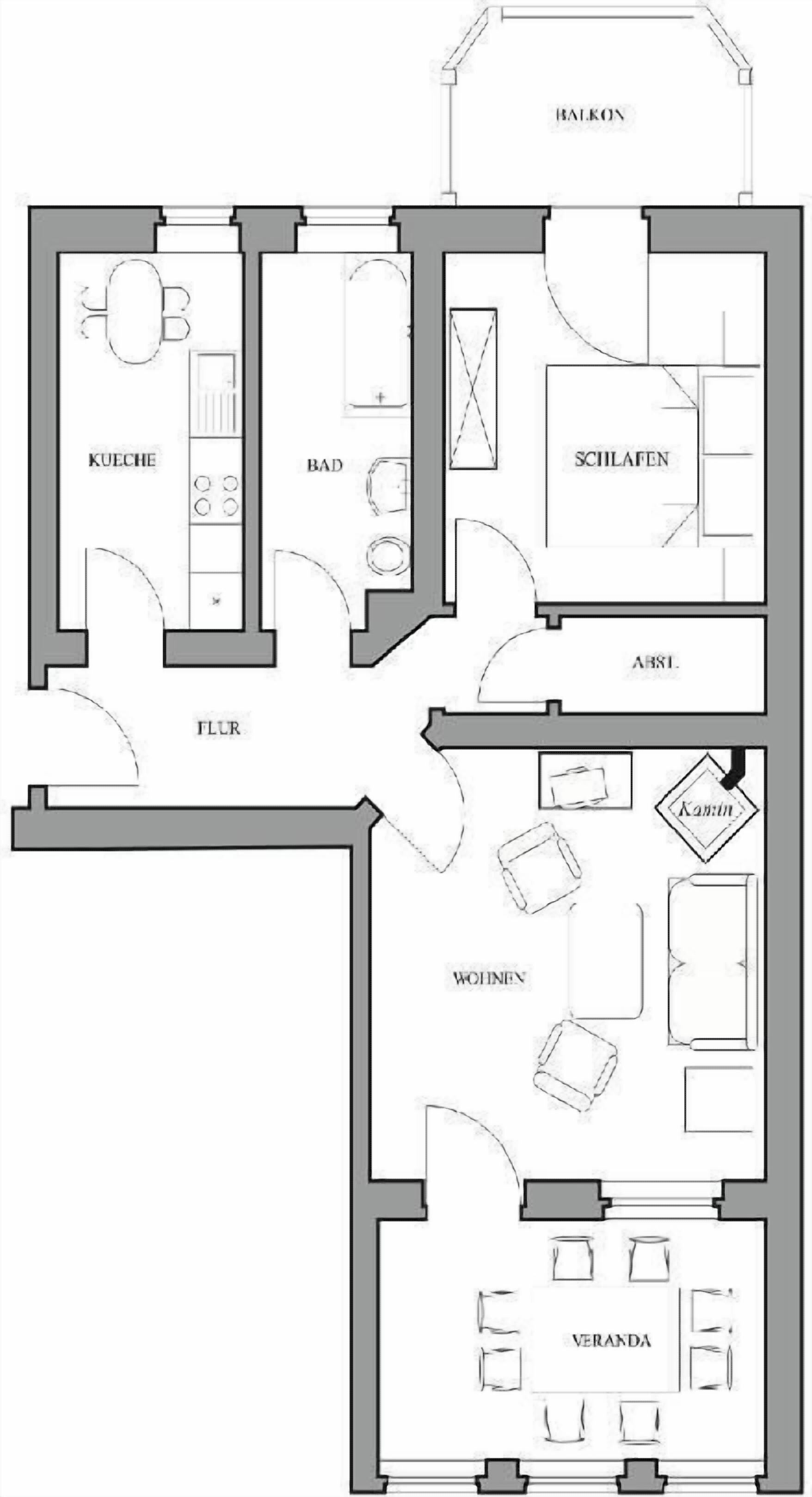 A floor plan with a kitchen, bathroom, living room, and balcony.